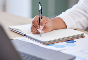 Image showing Closeup, businesswoman writing in a notebook and at her desk in a modern office workplace. Planning or schedule, brainstorming idea or startup and female person write notes in a book for strategy