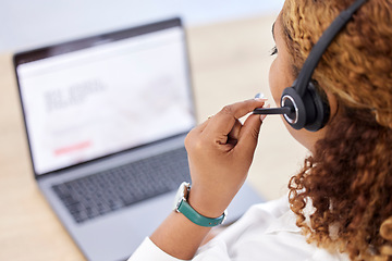 Image showing Consultant, back view of call center agent with headset and laptop at her desk at workplace. Online communication or network, customer service or telemarketing and female person with crm at work