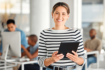 Image showing Portrait, tablet and business woman, designer or creative in office workplace. Face, technology and female professional, entrepreneur or graphic design leader working on email, research or internet.