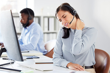 Image showing Call center, neck pain and woman with injury in office, arthritis or fibromyalgia. Sales agent, spine problem and person with burnout, muscle fatigue and tired, stress and emergency after accident.