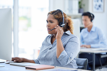 Image showing Stress, call center and consulting with business woman in office for advice, customer service or help desk. Shocked, confused and frustrated with female employee for crisis, problem solving and audit