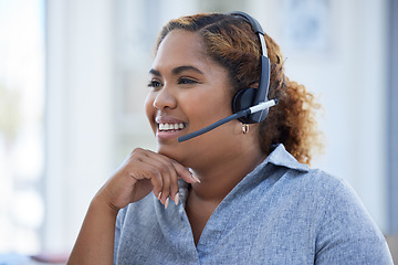 Image showing Happy, call center and woman consulting for crm, faq or contact us in office with friendly service. Telemarketing, smile and female consultant online for customer support, virtual help or assistance