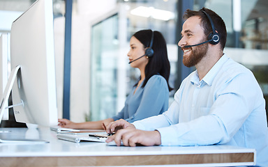 Image showing Happy people, call center and team in customer service, support or telemarketing on computer at the office. Woman and man consultant, agent or virtual assistant working for online agency at workplace