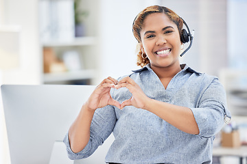 Image showing Callcenter agent, woman with smile and heart hands in portrait, love customer service job and feedback. Hand gesture, care emoji and female consultant happy with job at contact center and support