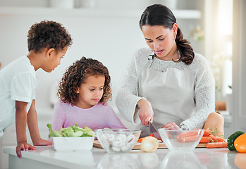 Image showing Cooking, help and cutting with family in kitchen for health, nutrition and food. Diet, vegetables and dinner with mother and children with meal prep at home for wellness, organic salad and learning