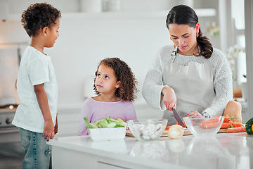 Image showing Cooking, help and food with family in kitchen for health, nutrition and support. Diet, vegetables and dinner with mother and children with meal prep at home for wellness, organic salad and learning