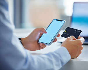 Image showing Credit card, phone screen and business person hands for online shopping, financial payment and banking ux or ui mockup. Professional people typing numbers on mobile app, transaction space and fintech