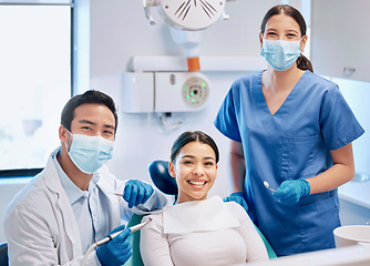 Image showing Portrait of dentist and patient in consultation for teeth whitening, service and dental care. Healthcare, dentistry and orthodontist with equipment for woman for oral hygiene, wellness and cleaning