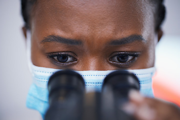 Image showing Science, analysis and microscope for woman scientist in laboratory for research, experiment and innovation. Healthcare, investigation and lady health expert with lab equipment for future development