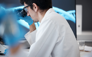 Image showing Science, dna and microscope with man in laboratory for research, pharmacy and medical. Medicine, healthcare and study with scientist and focus in clinic on biotechnology, bacteria and future