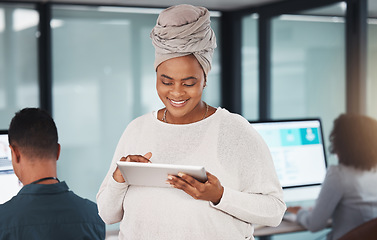 Image showing Business, tablet and black woman, designer and creative working on project in office. Technology, smile and happy African graphic design professional with email, research or internet app for network.