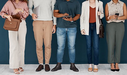 Image showing Hiring, technology and business people in row for job interview, vacancy and career opportunity in office. Corporate, diversity and men and women candidates for hr meeting, recruitment and employment