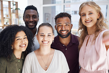 Image showing Business people, diversity and corporate friends in selfie, happy in portrait with team, solidarity and motivation. About us, professional group of men and women in the office with smile in picture