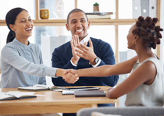 Image showing Business, staff and women with handshake, celebration and promotion with achievement, job interview and hiring. Female people, man and coworkers shaking hands, clapping and meeting for negotiation