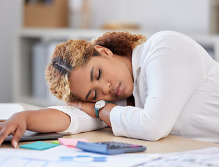 Image showing Sleeping, business and woman tired, fatigue and professional with burnout, overworked and consultant. Female person, employee and agent at her desk, exhausted and nap on a break, relax and resting