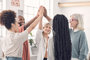 Image showing Team work, high five and group of business people with support, goals and collaboration at start up. Happy coworking, workshop and trust, hands together with smile, employees with job cooperation.