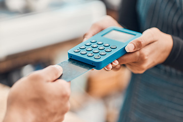 Image showing Machine, card and hands paying in a store, cafe or restaurant for bill with technology. Contactless payment, electronic transaction and closeup of customer at a teller for point of sale or checkout.