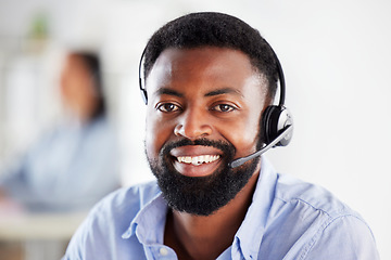 Image showing Black man, call center portrait and smile in office for communication, tech support job or microphone. African guy, telemarketing and happy for sales consulting, customer service or help desk for crm