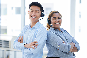 Image showing Call center, arms crossed and teamwork with portrait of business people for consulting, customer service and help desk. Contact us, crm and communication with asian man and woman in office for advice