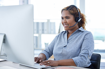 Image showing Smile, call center and Indian woman on computer consulting for crm, faq or contact us in office. Happy, telemarketing and female consultant online for customer service, help or virtual assistance