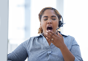 Image showing Call center, yawn and tired woman in office for telemarketing, crm or contact us, exhausted and sleepy. Burnout, yawning and female consultant suffering from fatigue while working in customer service