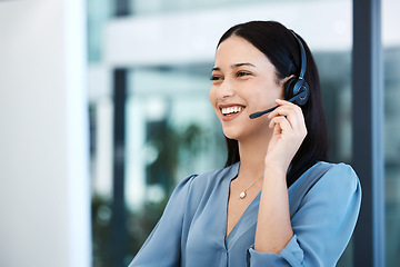 Image showing Happy woman, call center and headphones for consulting in customer service, support or telemarketing at office. Friendly female person, consultant or agent with smile and headset for online advice