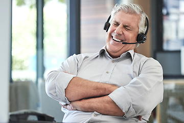 Image showing Call center, customer support and man laugh in office for joke, humor and friendly sales service. Communication, telemarketing and happy senior male worker consulting with funny client contact