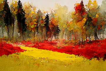 Image showing Autumn forest landscape. Colorful watercolor painting of fall se