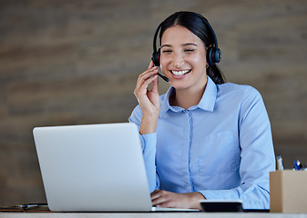 Image showing Call center, happy and woman with headset working on crm, b2b or customer service job in communication on laptop. Businesswoman, telemarketing and support or professional worker to answer calls