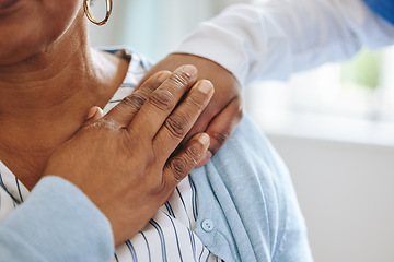 Image showing Elderly woman, nurse and holding hands for support, healthcare or empathy at nursing home. Senior patient and caregiver together for trust, homecare and counseling or help for health in retirement