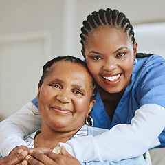 Image showing Senior patient, nurse woman and hug portrait for support, healthcare and happiness at retirement home. Face of black person and caregiver together for elderly care and help for health and wellness