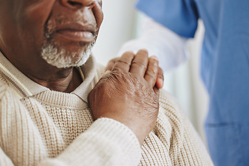 Image showing Senior patient, nurse and holding hands for help, healthcare or empathy at nursing home. Elderly man and caregiver together for trust, homecare and counseling or support for health in retirement