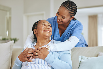 Image showing Senior woman, nurse and hug for support, kindness and happiness in a retirement home. Elderly patient and black female caregiver together for trust, elderly care and help for health and wellness