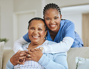 Image showing Nurse woman, senior patient and hug portrait for support, healthcare and happiness at retirement home. Face of black person and caregiver together for trust, homecare and help with health insurance