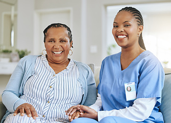 Image showing Senior woman, nurse and holding hands portrait for support, healthcare and happiness at retirement home. Elderly black person and caregiver together for trust, elderly care and help with homecare