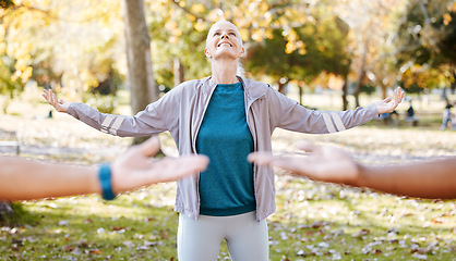 Image showing Stretching, yoga and teacher with old woman in park for fitness, health and workout. Mindfulness, training and wellness with senior people and meditation in nature for pilates, balance and class