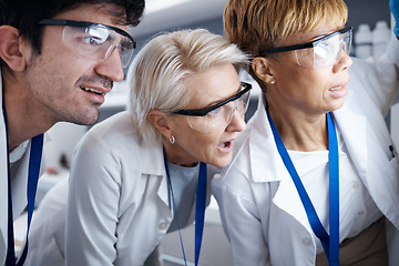 Image showing Scientist, lab testing success and glasses of science team and research with safety and analysis. Vaccine review, teamwork and staff working on healthcare training and biotechnology productivity