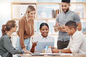 Image showing Laptop, coaching and a business woman talking to her team in the boardroom for planning or strategy. Collaboration, meeting and presentation with a female employee training an employee group at work