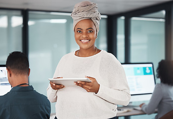 Image showing Portrait, tablet and black woman, designer and creative working on project in office. Technology, face and happy African professional, person or graphic design entrepreneur with leadership in company