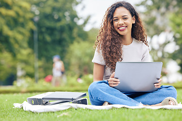 Image showing Study, laptop and portrait of woman in park for education, relax and college research. Elearning, university and scholarship with student on grass lawn for technology, school report and online exam