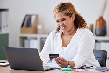 Image showing Credit card, computer and business woman in online shopping, financial payment and HR banking in office. Human Resources, african person and e commerce, laptop and loan, web or fintech registration