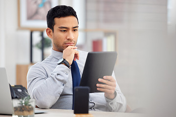 Image showing Tablet, thinking and business man in office with stock market research, investment decision and choice. Idea, solution and focus of asian person or accountant reading, tech and digital finance report