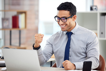 Image showing Winning, laptop and business man with success, yes and cheers for bonus, investment and startup profit or news. Winner, professional employee or person with fist, celebration and reading on computer