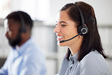 Image showing Woman, face and headset, callcenter and contact us with customer service agent in workplace with smile. CRM, phone call and tech support with telecom, female consultant for help desk and mockup space