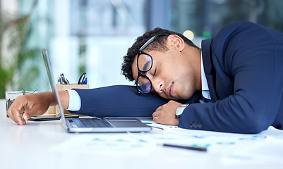 Image showing Tired, sleeping and business man in office with stress, burnout and low energy. Sleep, fatigue and male employee exhausted after challenge, problem and lazy crisis, overworked and sick in workplace.