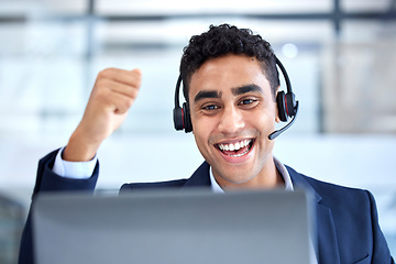 Image showing Call center, success or man in telemarketing talking in customer service celebration in working on computer screen. Happy agent, businessman and consulting operator cheers on crm and sales support