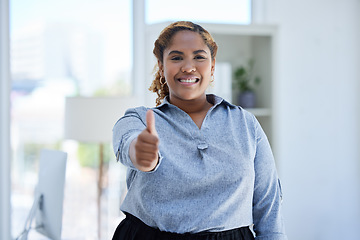 Image showing Portrait, thumbs up and happy business woman in office with winning, sign or thank you gesture. Face, smile and Indian female professional with hand emoji or vote for yes, like and satisfaction