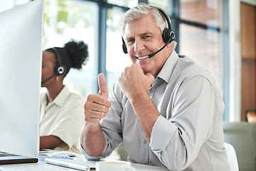 Image showing Thumbs up, customer support and portrait of senior man for online help, thank you and telemarketing. Call center, hand sign and happy elderly male worker for contact us, crm service and consulting