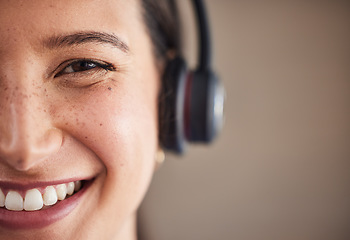 Image showing Call center, portrait and closeup on woman with headset for call, working in communication and crm office mockup. Agent, smile and happy customer service worker to help, support and consulting advice