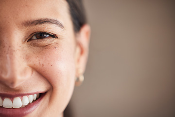 Image showing Portrait, closeup and woman with mockup, white teeth and smile against a studio background. Face, female person and girl with happiness, oral hygiene and dental care with wellness, zoom and health